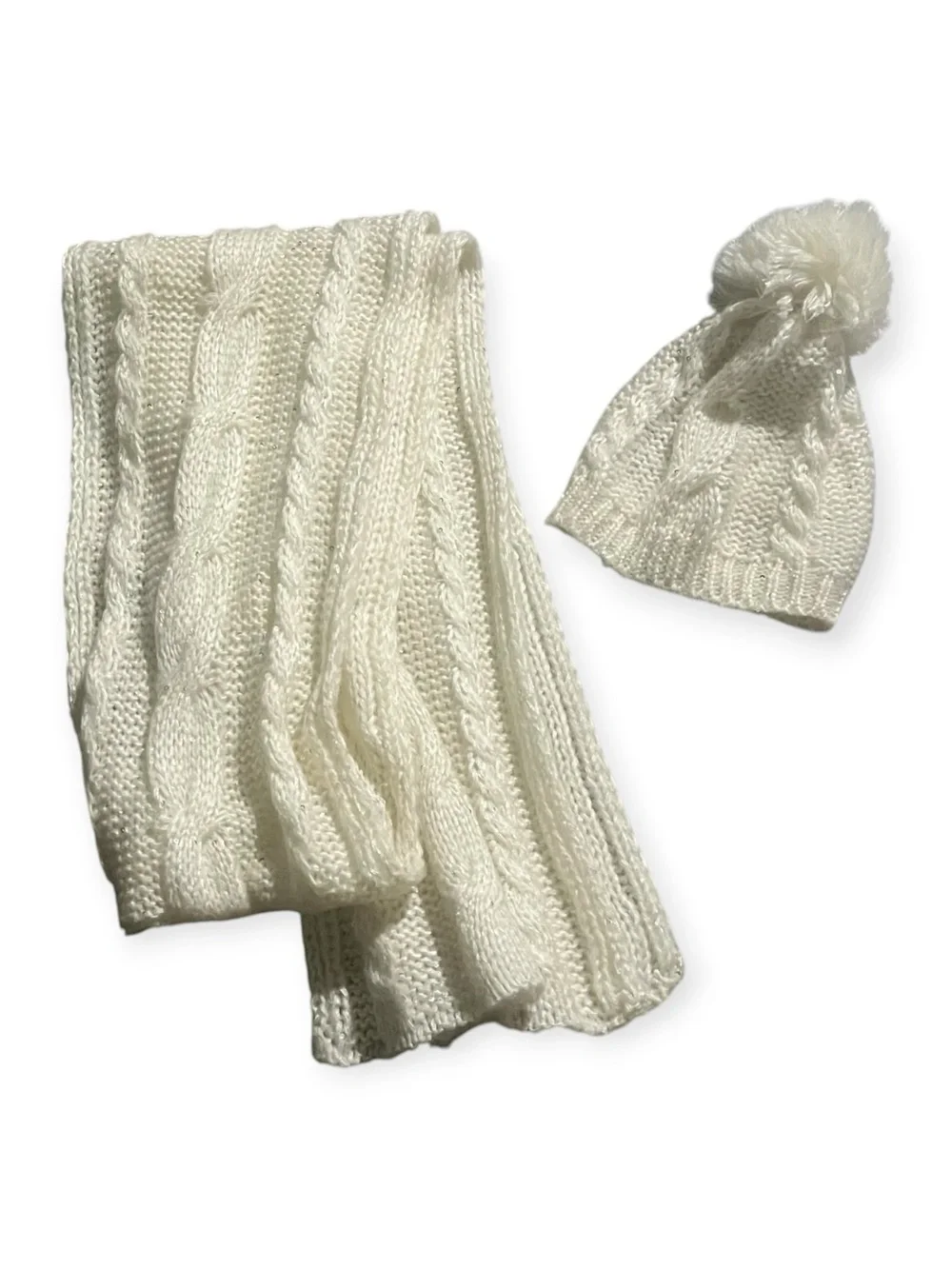 Jessica Simpson Cream Cable Knit Scarf and Pom Pom Beanie Set